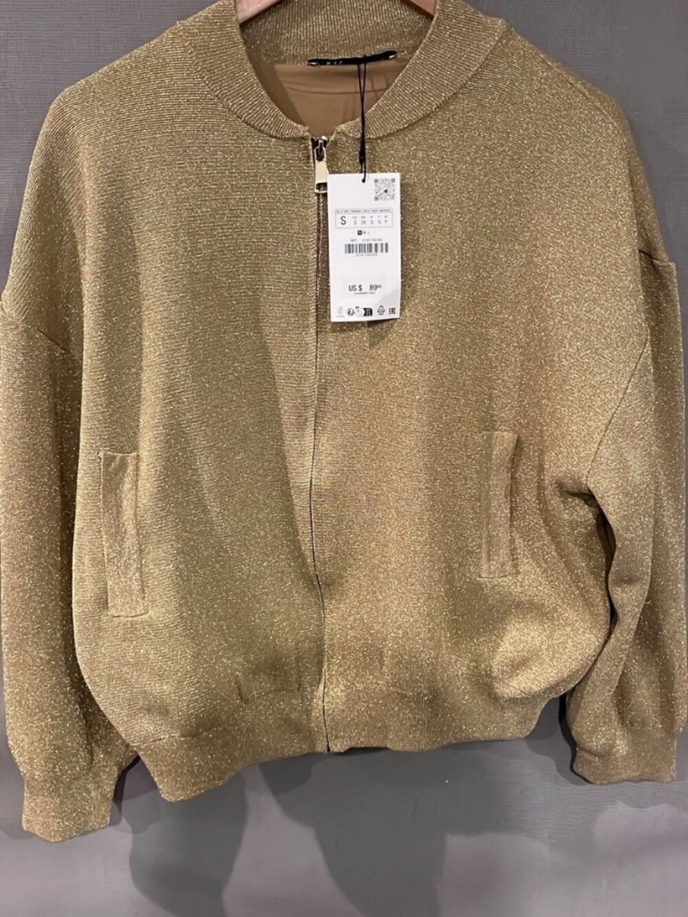 GOLD ZARA KNIT BOMBER CARDIGAN WITH METALLIC THREAD SIZE S